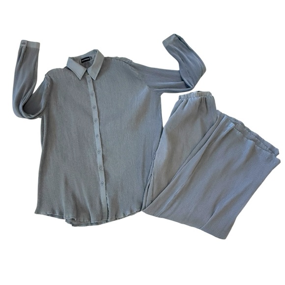 PrettyLittleThing Pants - PrettyLittleThing Blue Ribbed 2pc Co-Ord Set